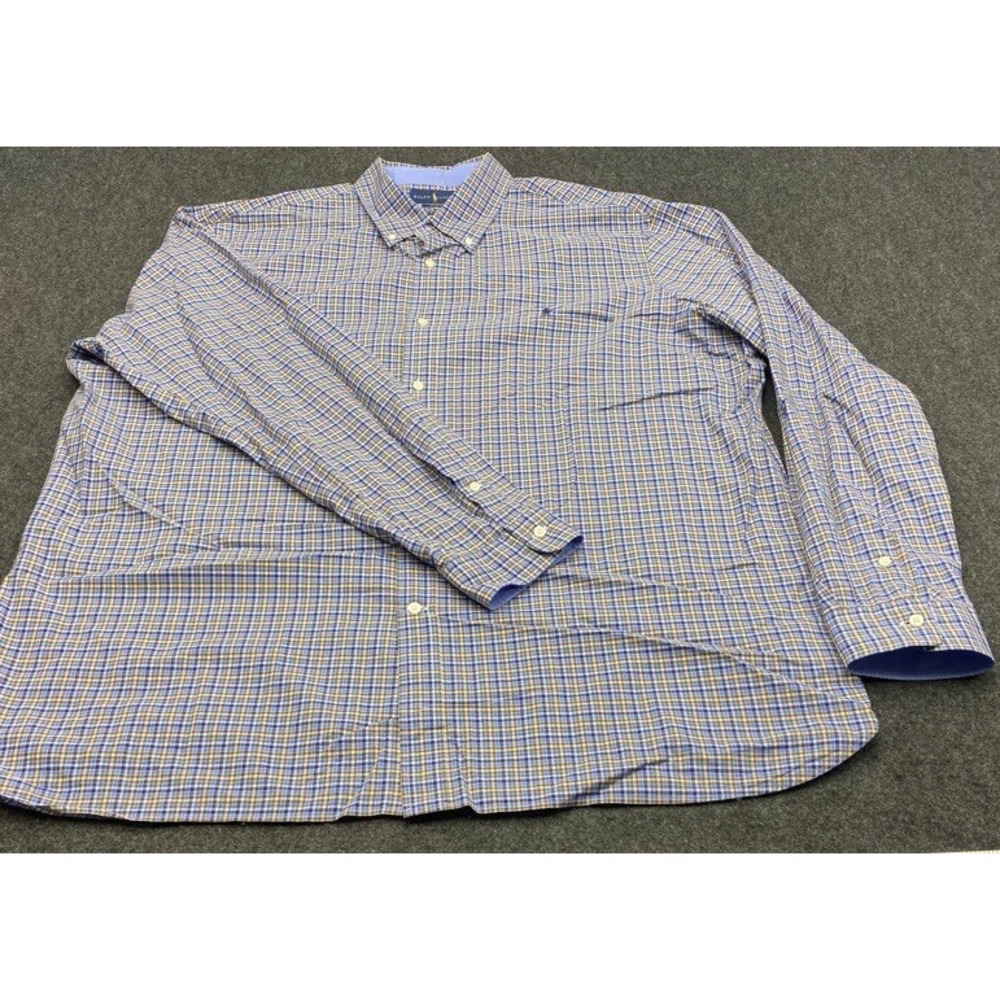 Ralph Lauren Button Down Shirt Mens XXL Blue Brown Plaid Cotton Stretch Logo